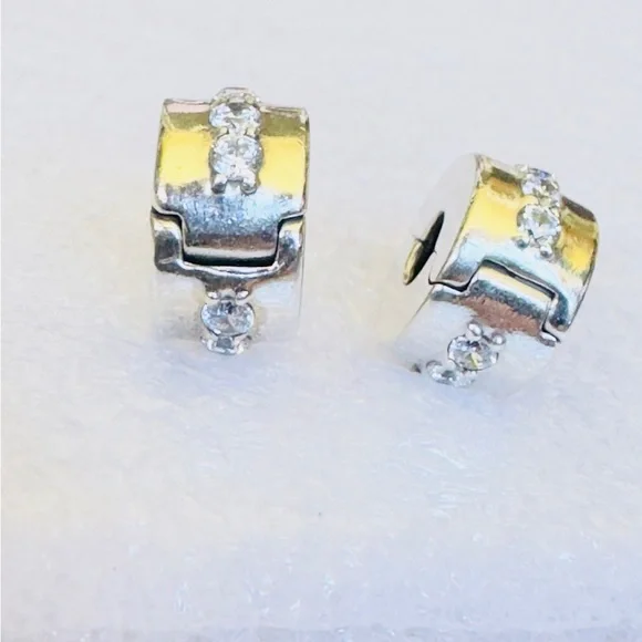 Two Pandora Sterling Silver 925 Clear Sparkling Row Clip Charms - Picture 2 of 6